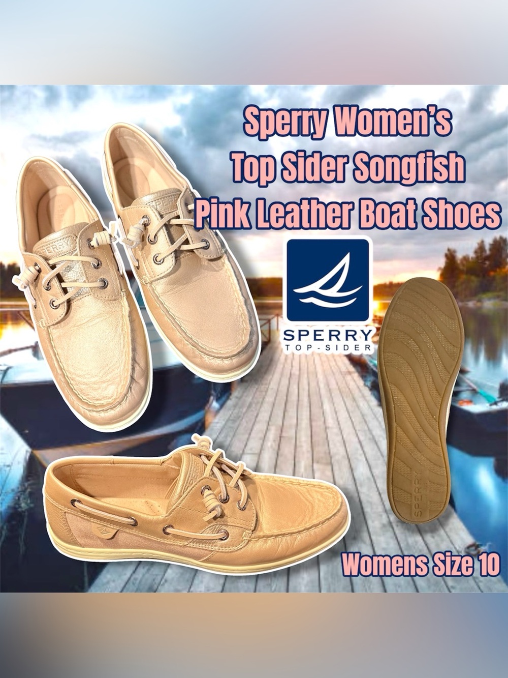 Sperry Top-Sider Songfish Pink Leather Boat Shoes, Women Size 10, Pink Champagne